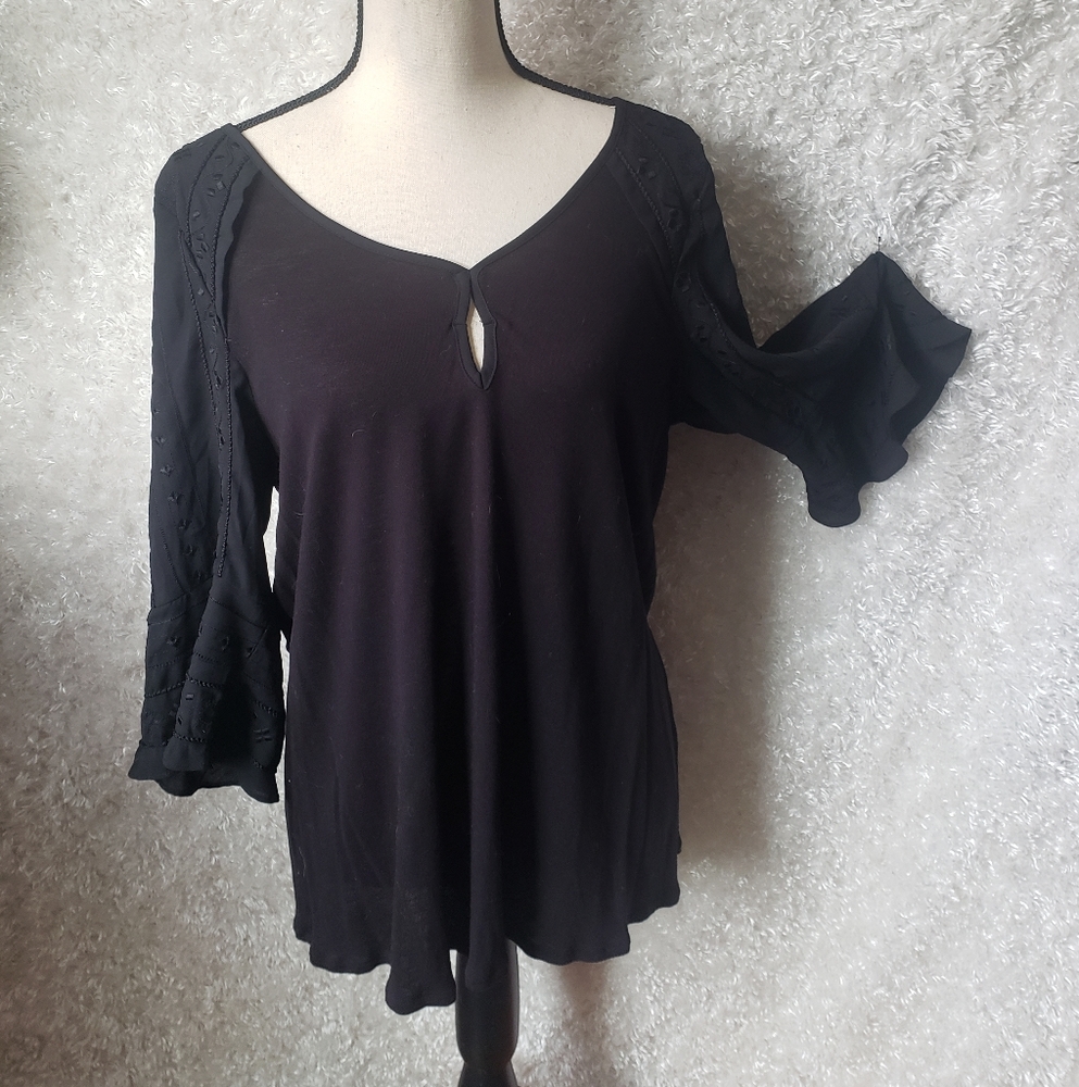 Anthropologie Meadow Rue black blouse top XL 3/4 sheer embroidered flower sleeve